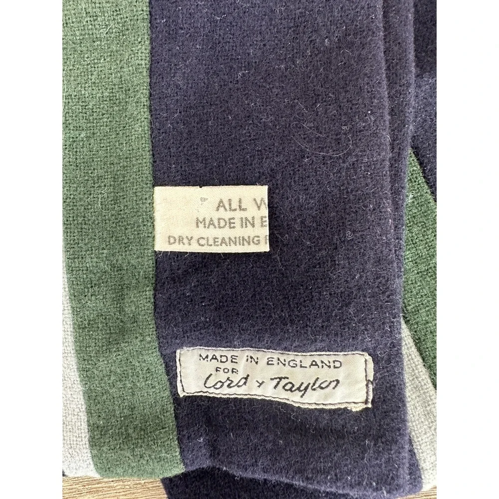 Rare VTG Lord & Taylor Blue Green Striped All Wool Scarf Made In England